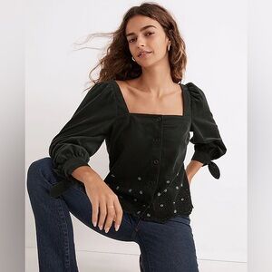 Madewell Embroidered Eyelet Corduroy Tie-Sleeve Blouse